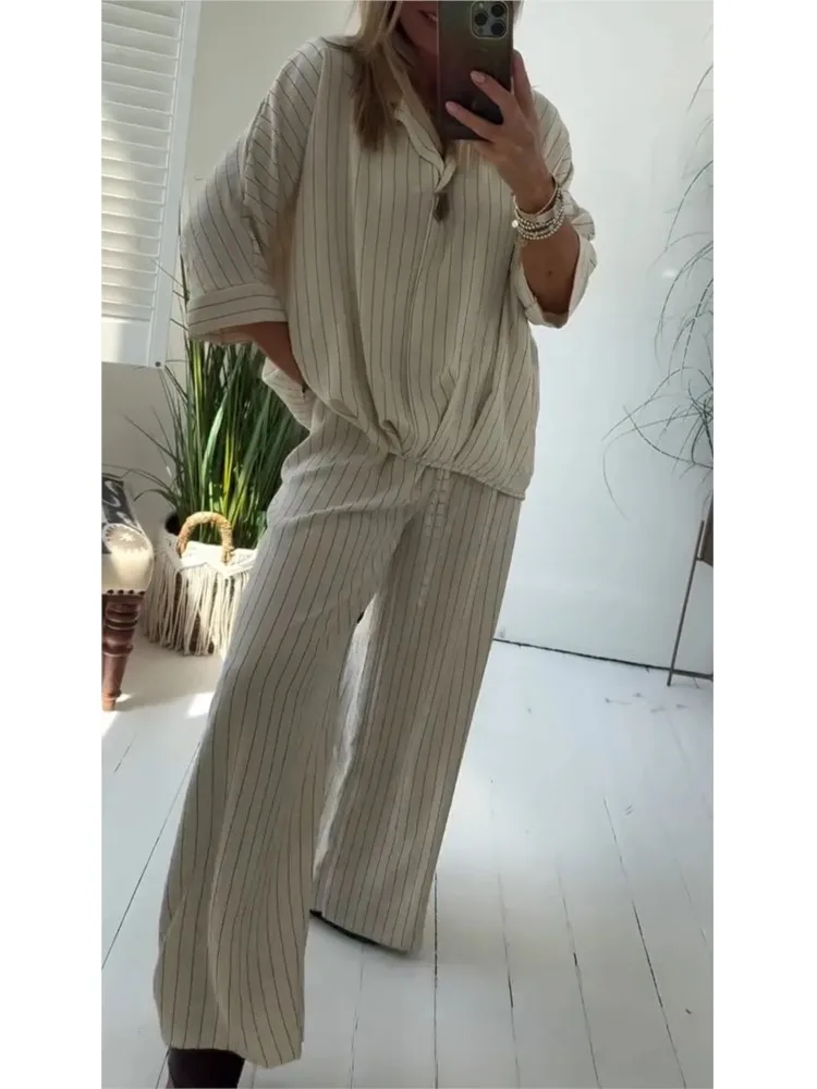 

Fashion Striped Print Two Piece Set Women's Suit Loose Lapel Long Sleeve Top And Pants Sets Ladies Spring Autumn New Outfit