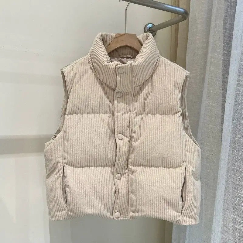 Women's Vest Autumn Winter New Loose Versatile Corduroy Stand up Collar Vest Women's Short Cotton Jacket Solid Color