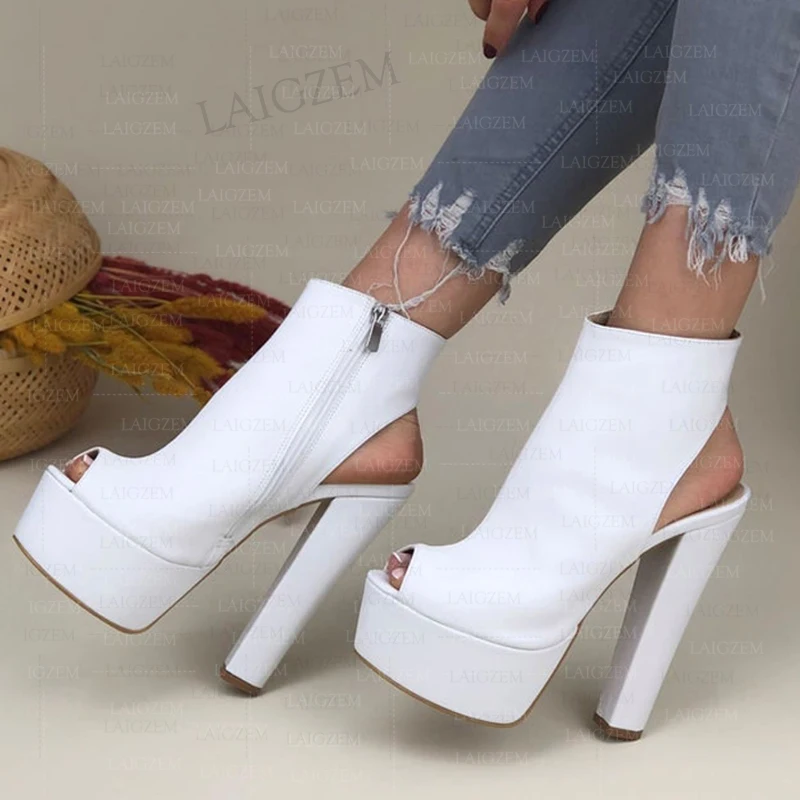 LAIGZEM Women Pumps Peep Toe Platform Faux Leather Thick High Heels Sandals Side Zip Up Ladies Shoes Woman Plus Size 39 41 45 52