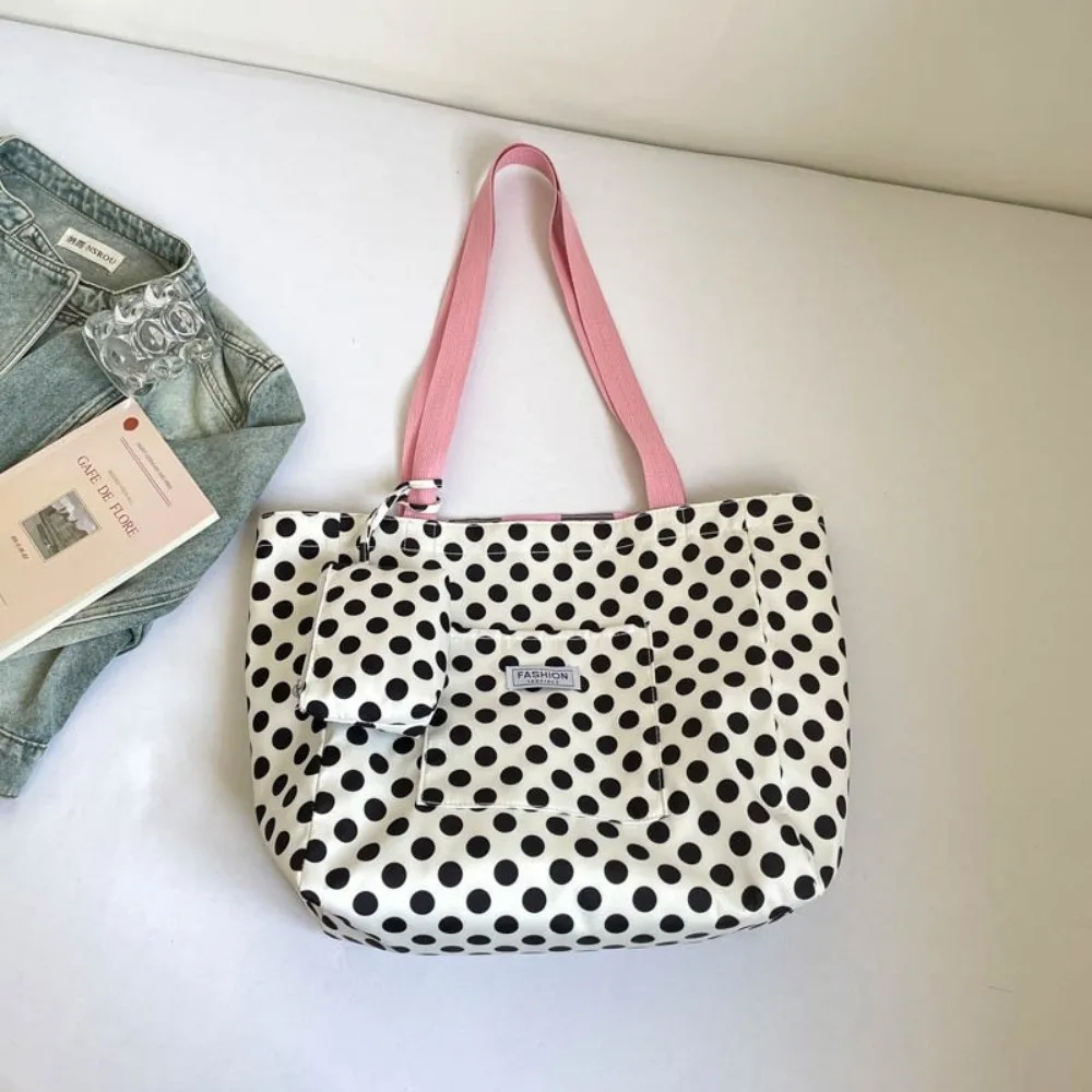 Large Capacity Nylon Polka Dot Bag Lace-up Zipper Double-sided Tote Bag with Small Bag Durable Casual Shoulder Bag Travel