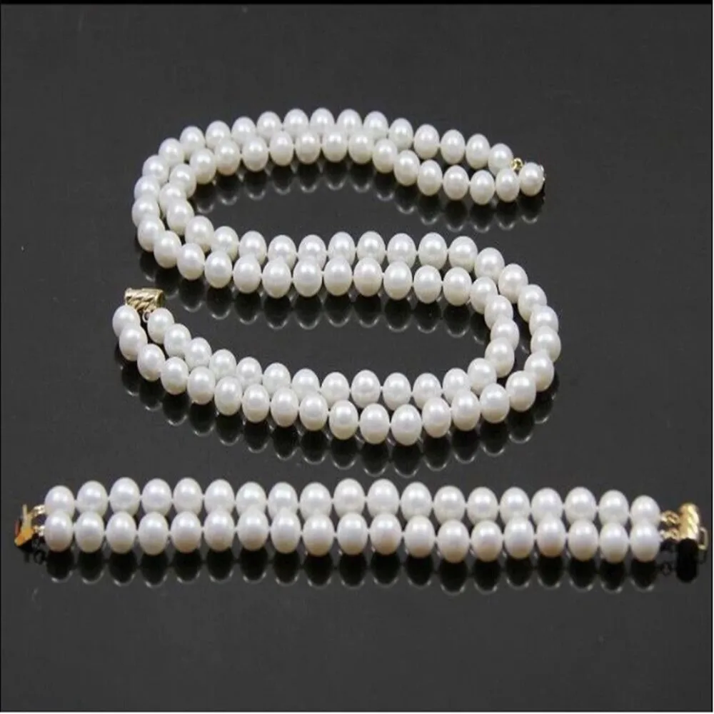 Hand knotted 2 row 8mm white shell pearl necklace 45cm bracelet 20cm set for women fashion jewelry