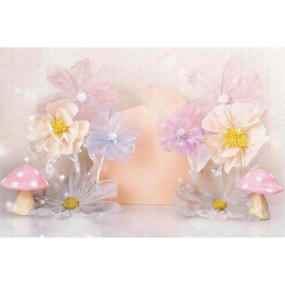 Fairy Pastel Organza Flower Mushroom Birthday Cake Smash Backdrop Baby Girl Newborn Photography Background view 4