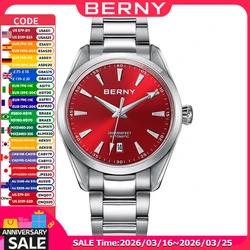 BERNY Men Mechanical Wristwatch PT5000 Automatic Watch For Male Stainless Steel Luminous Sapphire 20ATM Waterproof Mens Watch