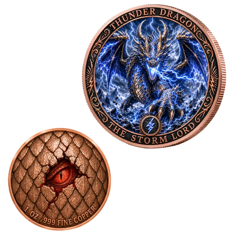 1oz .999 Fine Copper Round Thunder Dragon The Storm Lord Colorized Dragon Eye Scales Fantasy Mythology Art Medal Gift