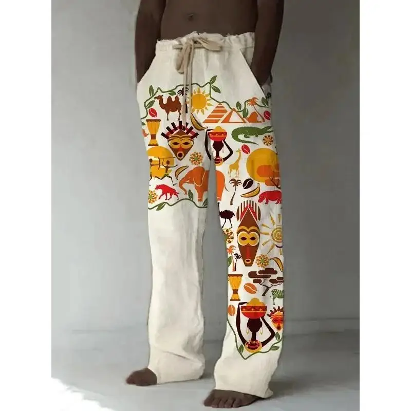 Men's Vintage Geometric Print Casual Pants, Ethnic Tribal Style Wide Leg Summer Trousers In Soft Flare Plus Size