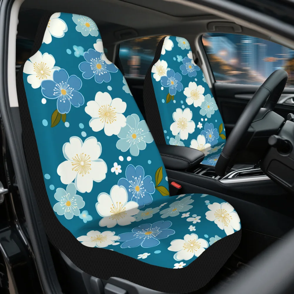 Set Of 2 Car Seat Covers Featuring A Blue And White Cherry Blossom Design – Universally Fitting, Made From High-Quality Durable