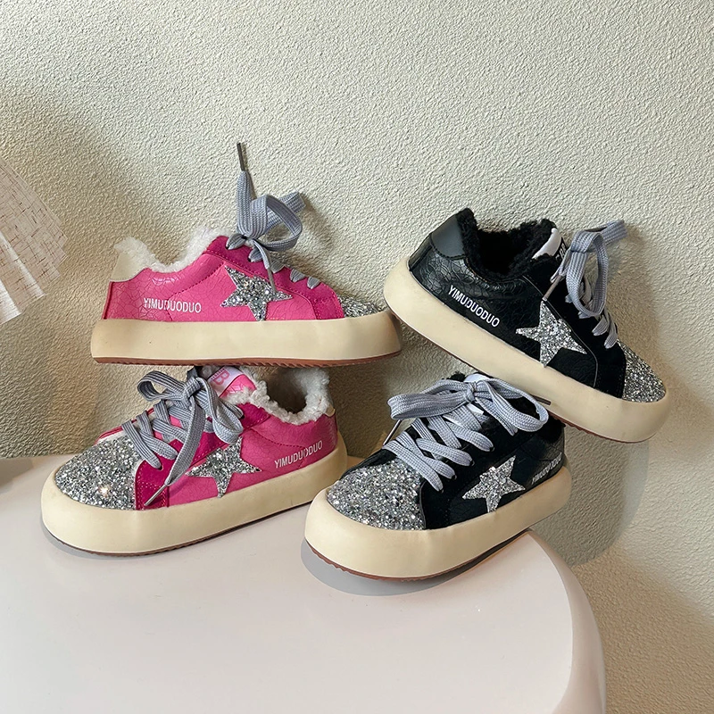 

Детская повседневная обувь, осень-зима 202, новый стиль, теплые плюшевые легкие кроссовки для девочек, модные низкие туфли со звездами, хит продаж
