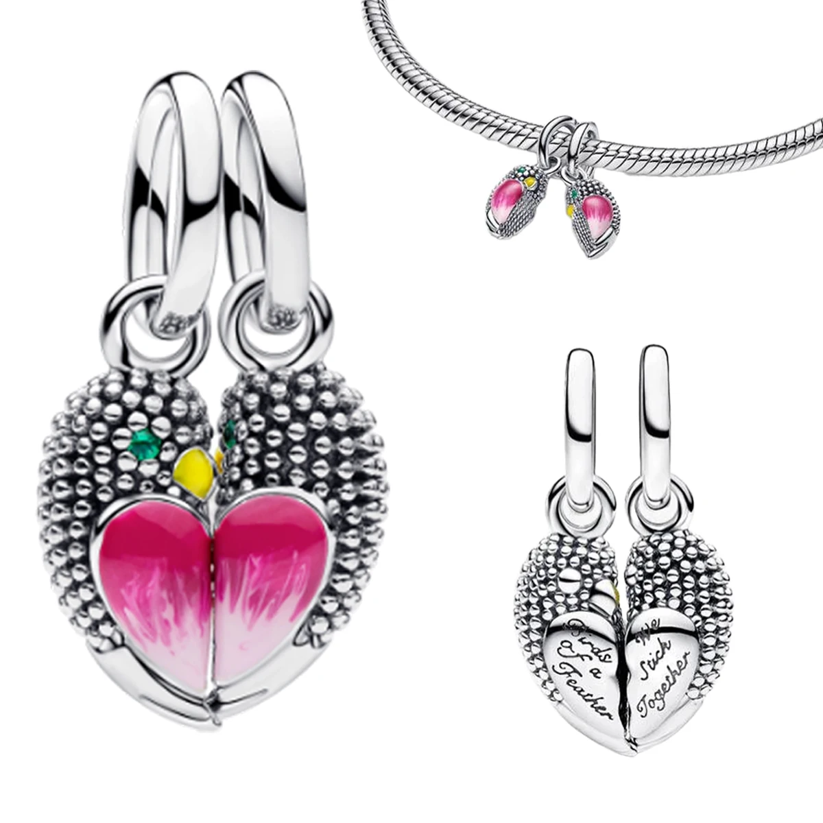 Hot Sale Original 925 Sterling Silver Red Bird Love Dog Flower Glass Bead Pendant Bracelets Necklaces Womens DIY Jewelry Gift view 3