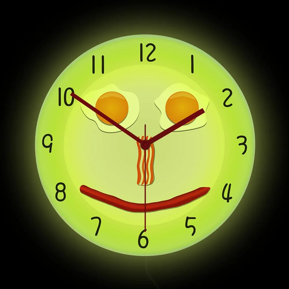 Bacon & Fried Eggs Face LED Wall Clock With Backlight For Kitchen Dining Room Breakfast Foodie Decor Humorous Night Light Clock