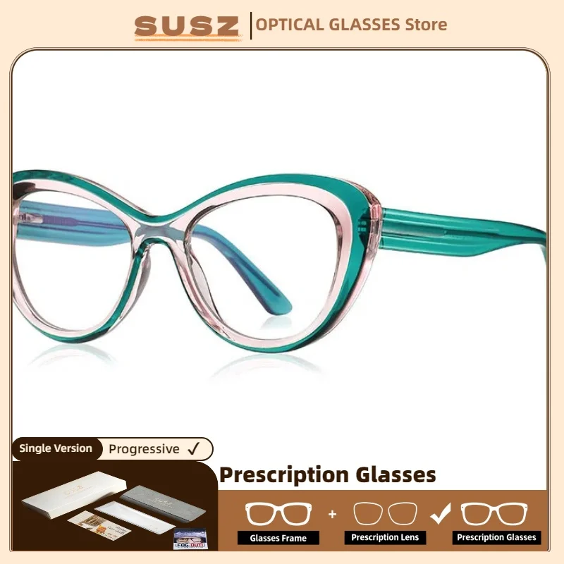 SUSZ Oversize Frame Skinny Face Cat Eye Reading Glasses Anti Blue Ray Myopia and Hyperopia Photochromic Prescription Eyewear