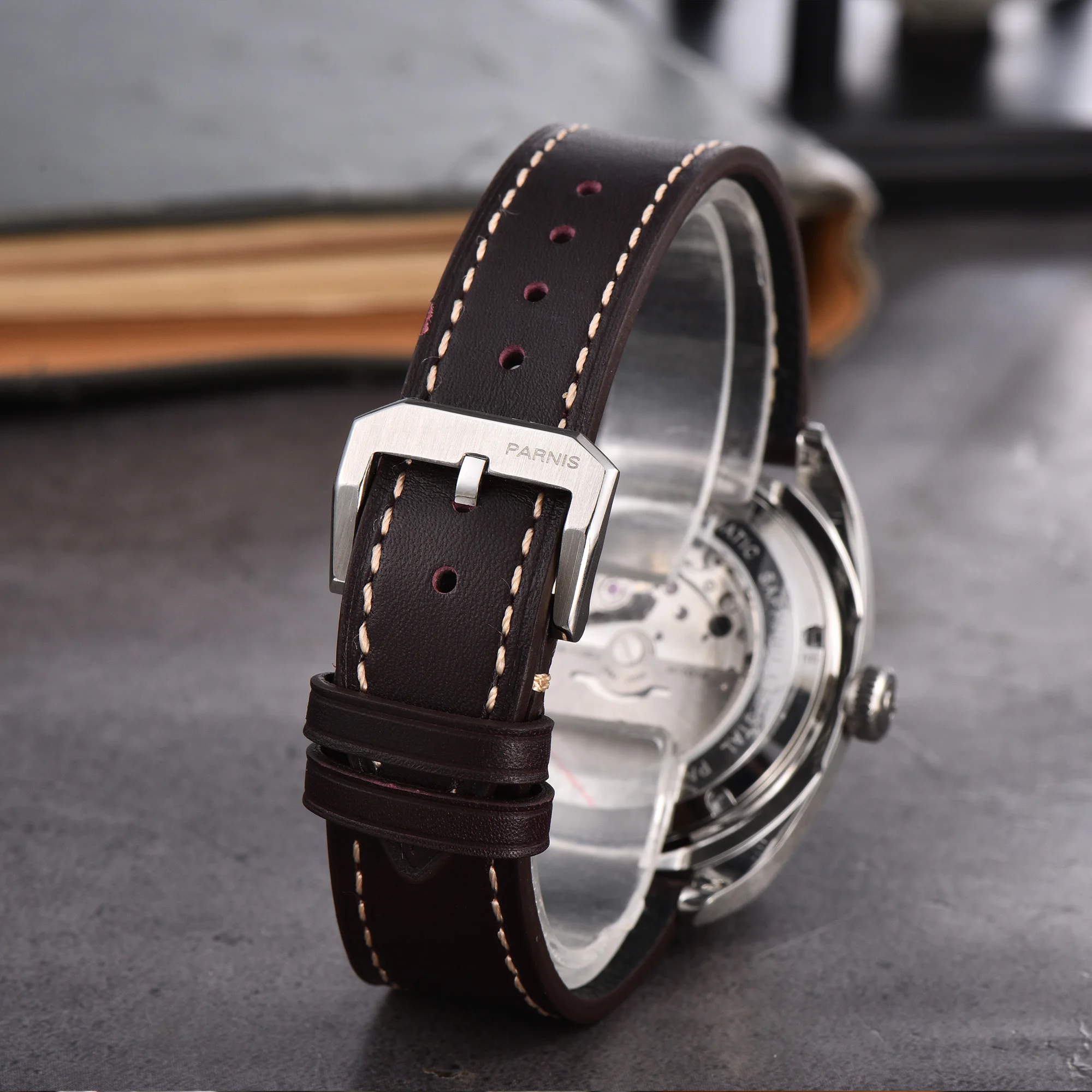 Parnis 42mm Gray Dial Mechanical Automatic Men Watch Sapphire Crystal Leather Strap Men's Waterproof Watches reloj hombre 2025