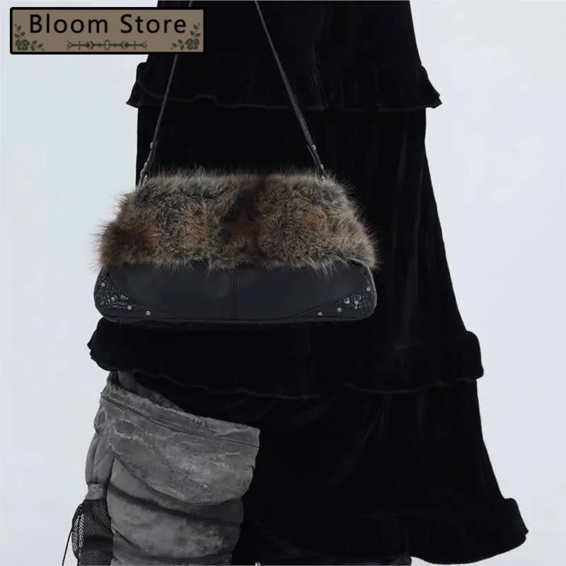 

Bloom Vintage Black Plush Shoulder Bags Women Hot Girl Sweet Cool Studded Star Embroidery Handbag Ladies Y2k Punk Underarm Bag