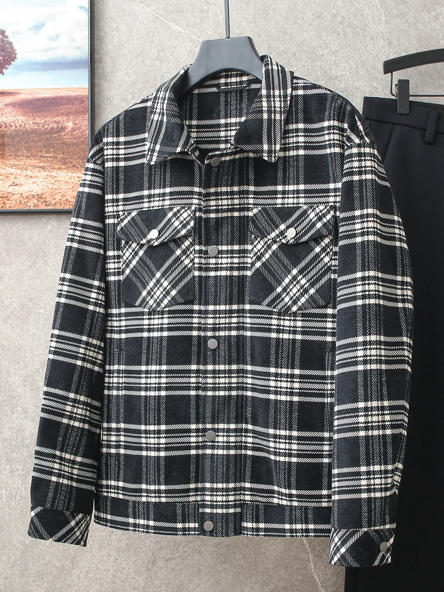 

Мужская модная клетчатая одежда с воротником Jaet Thi, осенняя рабочая одежда, повседневный топ, длинный свек, ветрозащитный, стандартной длины, полиэстер...