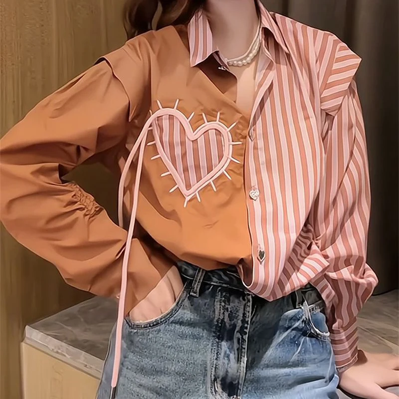 

Korean temperament POLO collar stitching stripe chic love long sleeve shirt women's early autumn new small fragrance top.