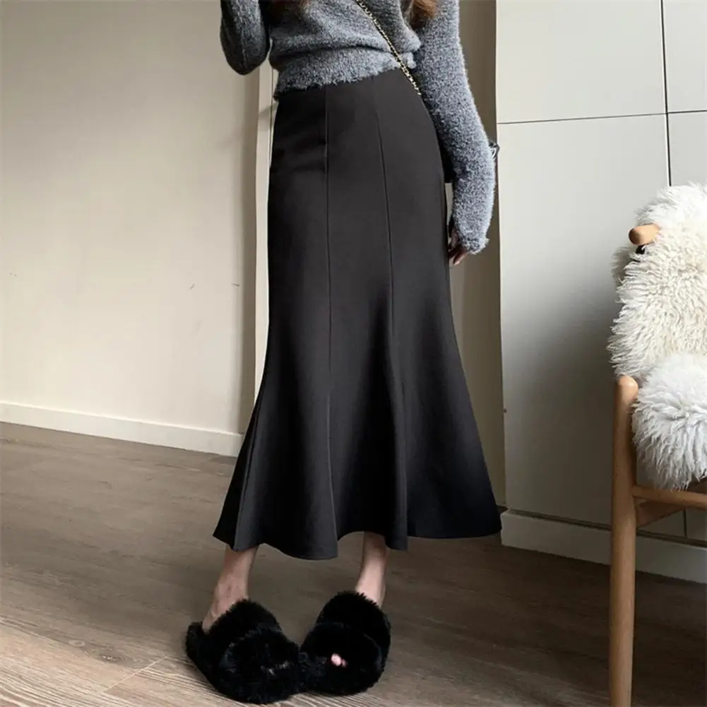 

Versatile Skirt Elegant Fishtail Maxi Skirt with Ruffle Trim High Waist Elastic Band Solid Color Design for Office or Wear Solid