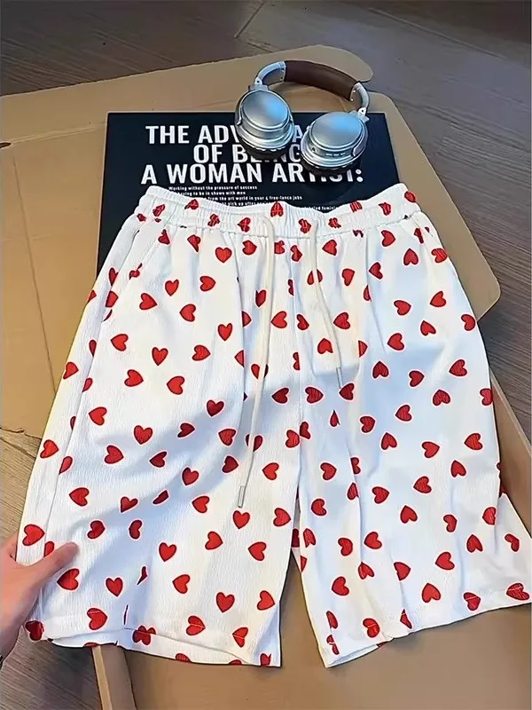 Summer American Retro Heart Print Casual Men's Loose Straight Leg Trendy Five-Quarter Sporty Mid-Length Shorts