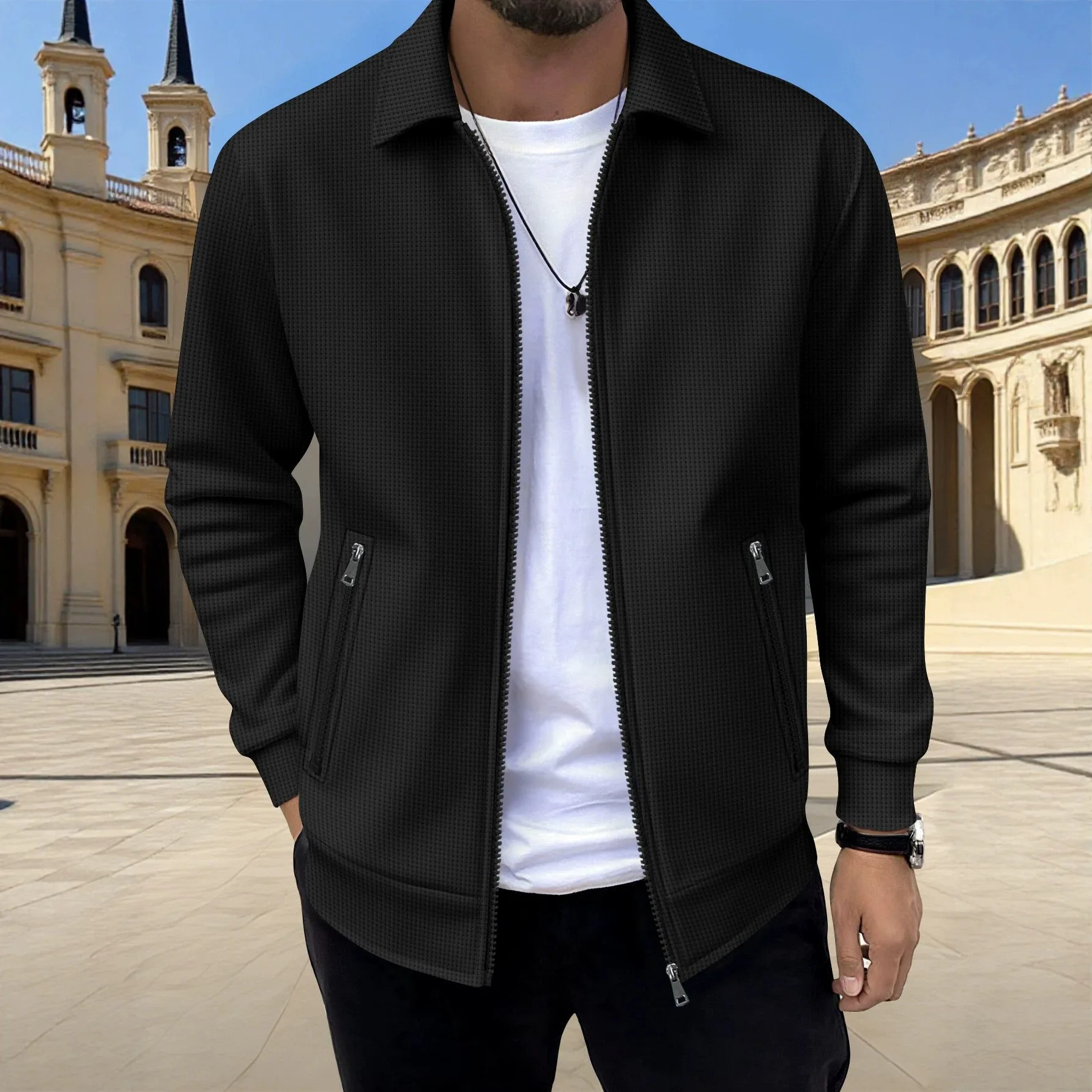 Herren-Waffelstrickjacke mit Knöpfen und Reißverschluss – Langer, lässiger Mantel mit Reißverschluss und Reißverschlusstaschen – unverzichtbar für Einkäufe und Verabredungen – Detail 8