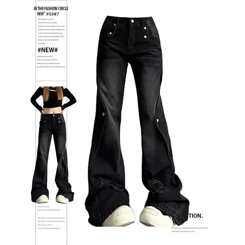 Black Star Fringed Jeans Retro Y2K Female High Waisted Slim Design Flare Pants American Ripped Straight Tube Denim Pants