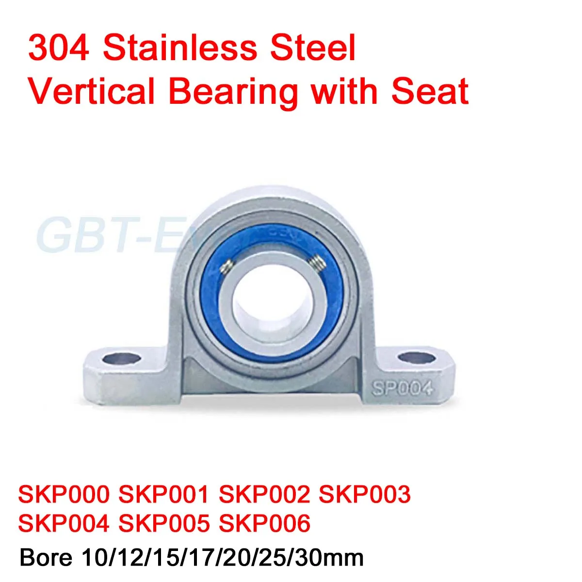 1Pc 304 Stainless Steel Vertical Bearing with Seat SKP000 SKP001 SKP002 SKP003 SKP004 SKP005 SKP006 Bore 10/12/15/17/20/25/30mm