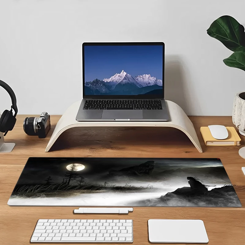 لوحة ماوس رائعة كبيرة الحجم من Night Moonlight Samurai 900x400 غير قابلة للانزلاق للرياضات الإلكترونية حصيرة مكتبية مشغل ألعاب لوحة ماوس ملحقات سطح المكتب ﻿