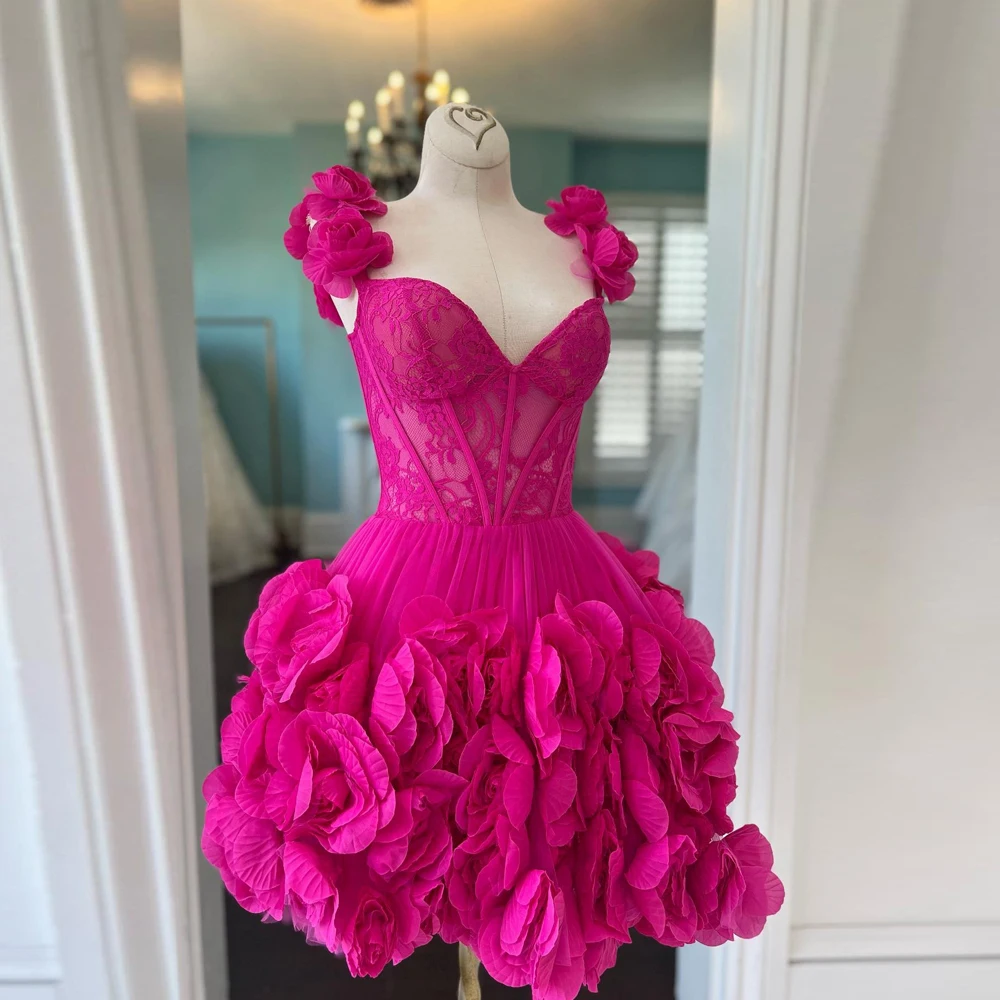 Fabulous Fuchsia 3D Flower Women Mini Dresses To Engagement Wedding Floral Lacce Short Women Maxi Dress With Corset Bustier