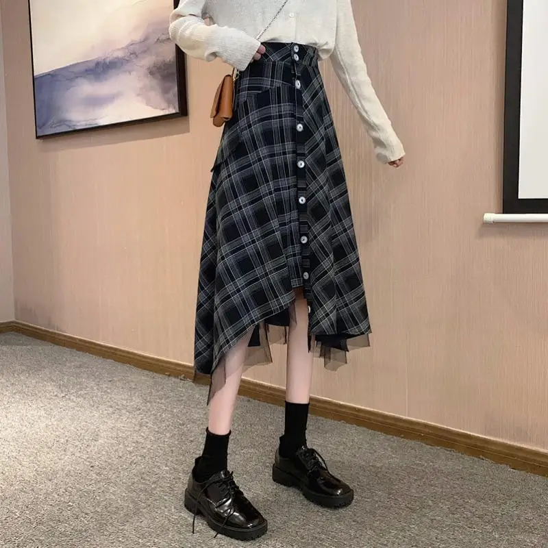 New Irregular Checkered Midi Skirt for Women with High Waist and A-line Mid Length Skirt Design Sense