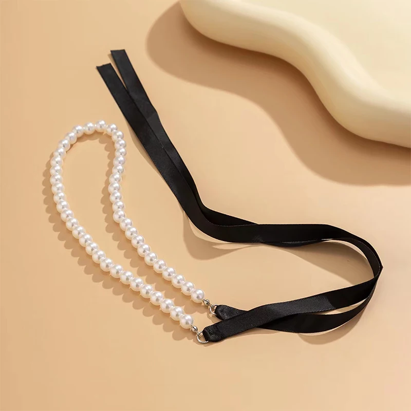 Fashion Elegant Velvet Ribbon Bowknot Choker Necklace For Women Goth Imitation Pearl Clavicle Chain Accessories