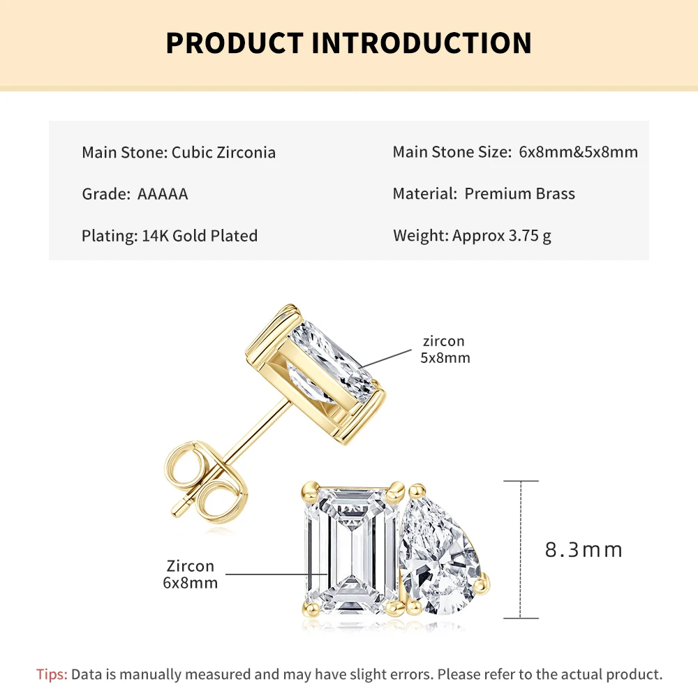 Rrjzz Ohrstecker für Damen, 5 x 7 mm, Smaragdschliff und 5 x 8 mm, birnenförmiger Schliff, im Labor hergestellter Zirkonia, 14 Karat vergoldet, 2 Steine, Schmuck, Geschenk – Detail 1