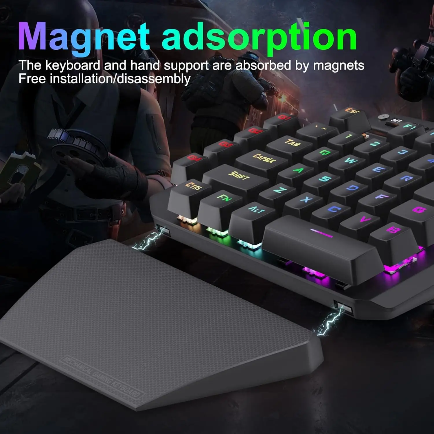 HUO JI لوحة مفاتيح ميكانيكية للألعاب بيد واحدة سلكية، إضاءة خلفية Led RGB، مسند معصم قابل للفصل، كابل من النوع C قابل للفصل، لوحة معدنية،