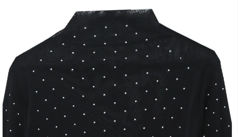 #8455 Black Mesh Tshirt Women Polka Dot Printed Long Sleeve T Shirt Femme Turtleneck Diamonds Sexy Perspective T-shirt Thin Slim