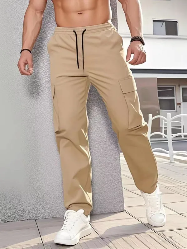 

European men's solid color casual pants, men's sports pants, waist drawstring, runner, hiking tactical pants with pockets