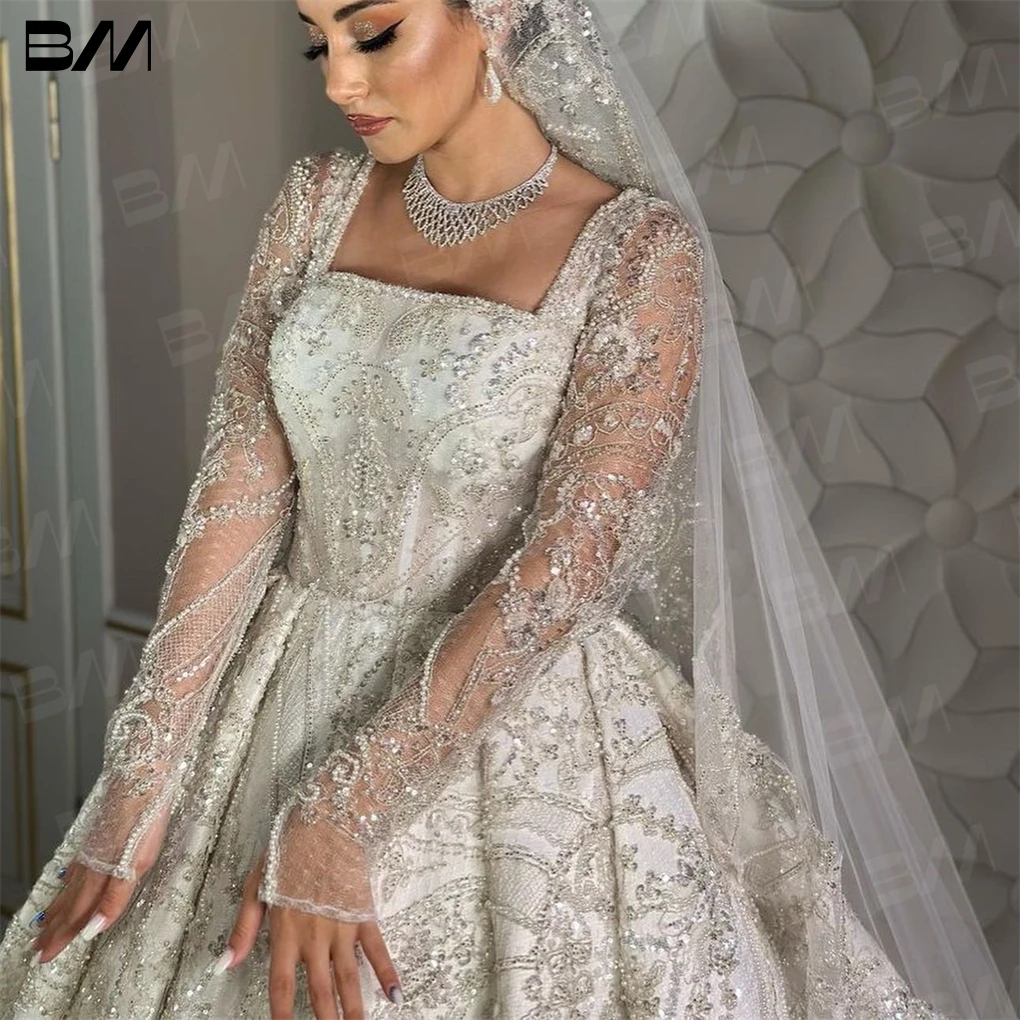 Elegant Square Neckline Beaded Bride Dress Long Sleeve Sequined Rhinestones Wedding Gown Bridal Robe Vestidos De Novia