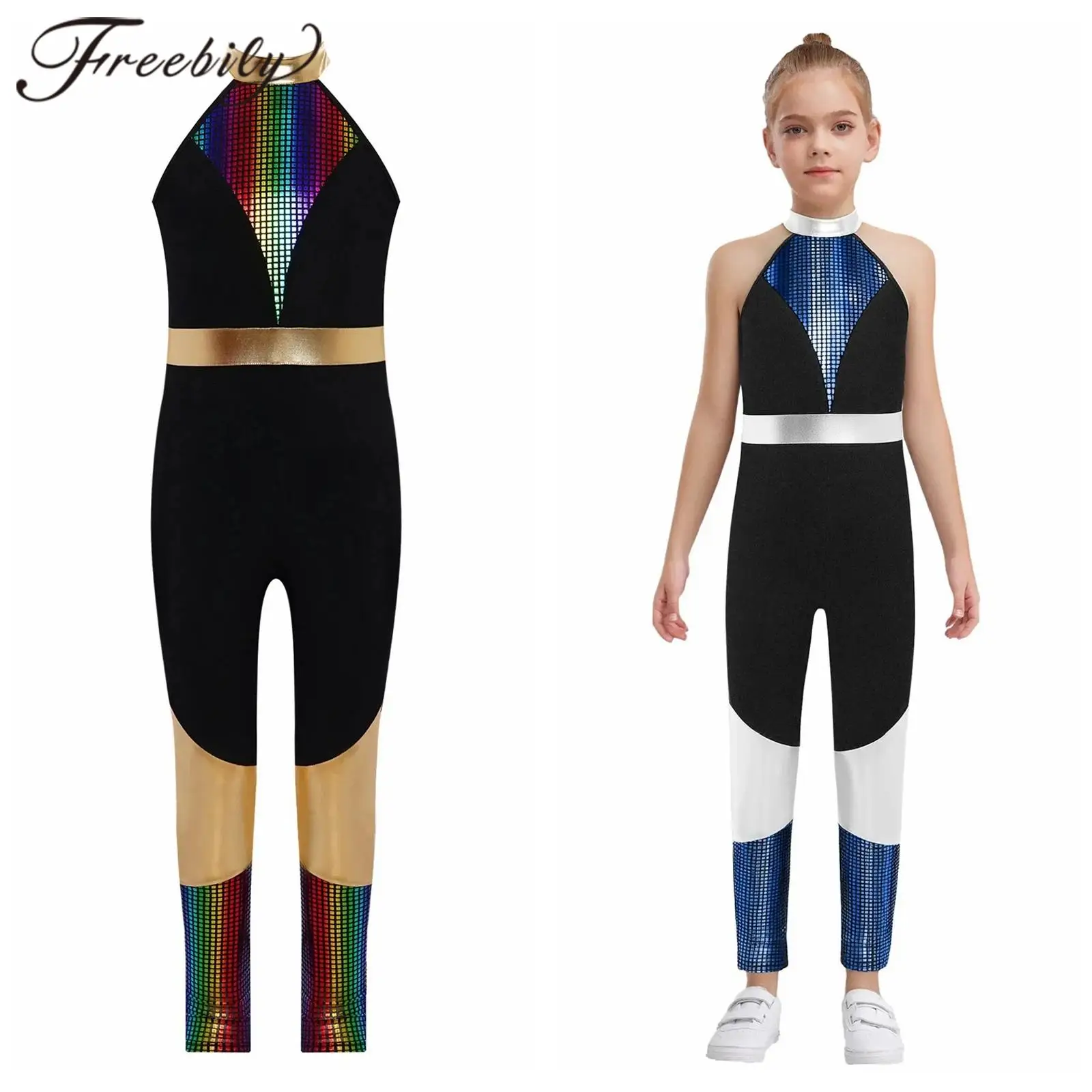 

Girls Skating Leoatrds Children Ballet Athletic Acrobatics Gymnastics Jumpsuit Metallic Shiny Gymnastique Pants Shiny Bodysuit