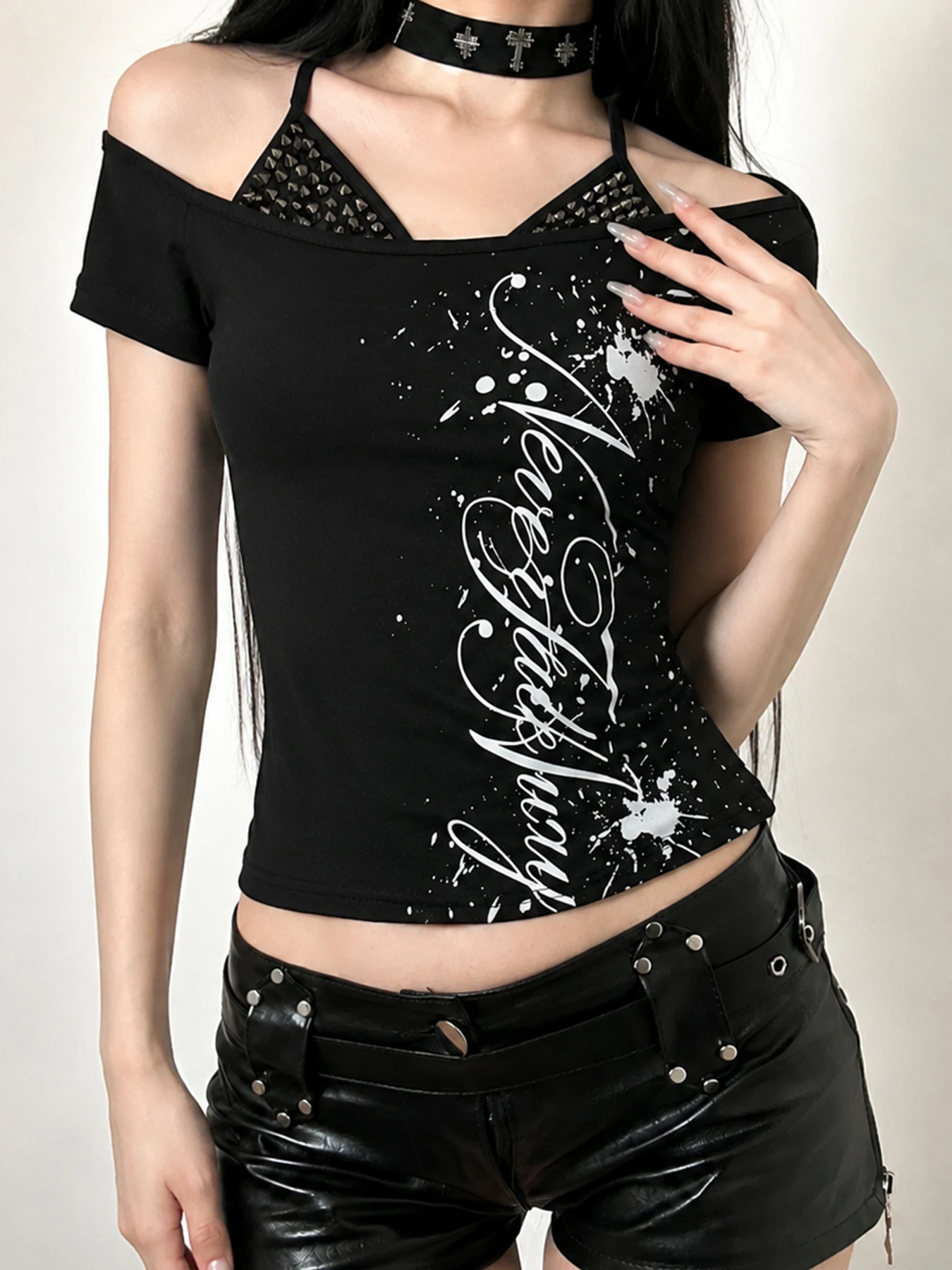 Summer Women Punk Off Shoulder T Shirt Y2K Streetwear Rivet Halter Strap Design Splash Ink Letter Print Slim Fit Goth Street Tee