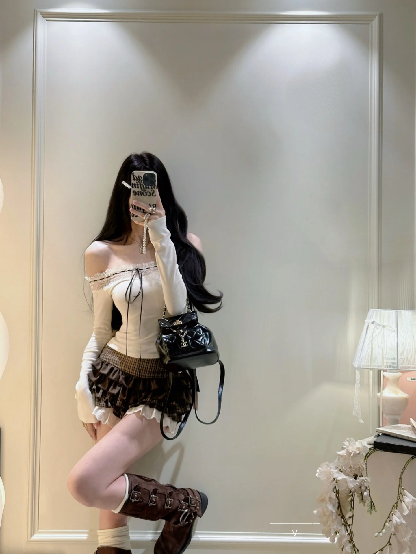 

Love God Contract Lace Knot Shoulder Bared Slim Fit Knitted Top with Cake Plaid Short Skirt Women's Fashion Set