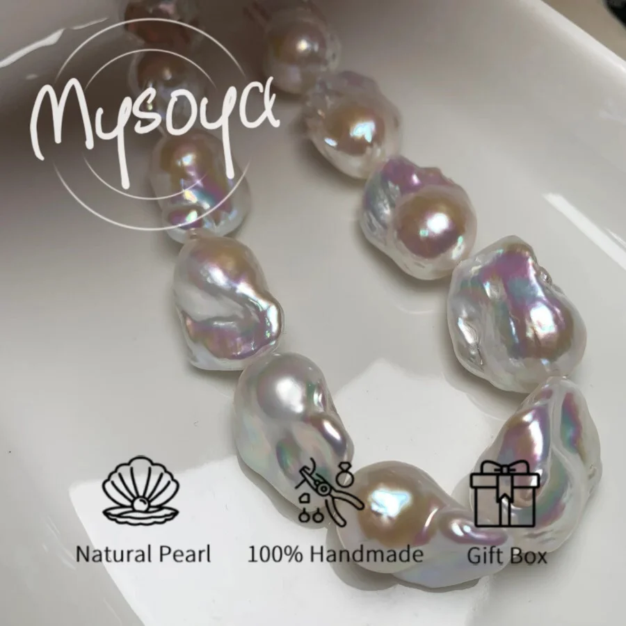 

MYSOYA 14-16mm Large White Baroque Pearl Necklace For Women And Men With Gift Box Birthday Wedding Anniversary Jewelry Gift