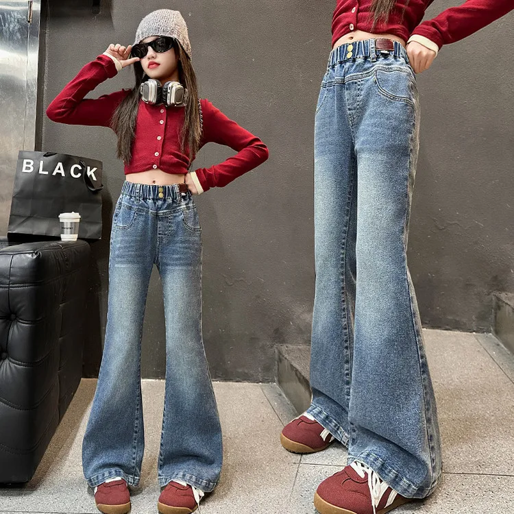 

Hot Sale Girls bell-bottoms Fashionable Casual Slim Fit Elasticity Jeans for Teenage Child Denim Flared Pants for 4-14Years
