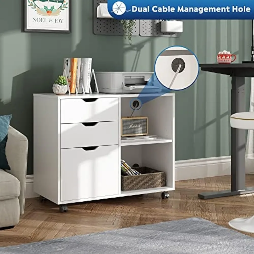 

New 3-Drawer Wood File Cabinet, Mobile Lateral Filing Cabinet, Printer Stand with Open Storage Shelves for Home Office