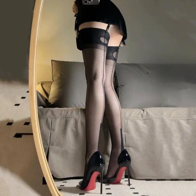 

Large Size Vintage Imitation Keyhole Thigh High Stockings Rear Line Cuban Heel Thigh High Socks JK Sexy Transparent Stockings