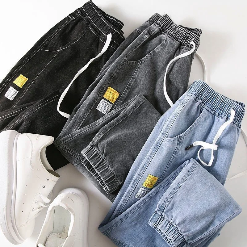 

Men's Elastic Waist Jeans Spring Autumn New Sle Cool Casual Loose Harlan Nine Points Cuffed Long Pants Cotton 00%