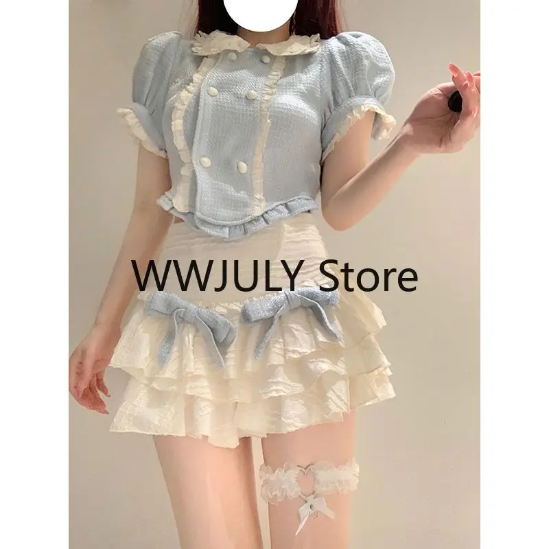 Summer Lolita Kawaii Two Piece Set Japanese Women Sweet Cake Skirt Female Korean Cute Puff Sleeve Blouses Blue Mini Skirt Suit