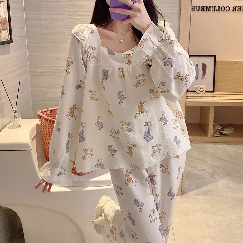 Women's Early Spring Pajamas Thin Long-Sleeved Trousers Cute Sweet Student sleepwear Set 2024 New Casual large Size Homewear