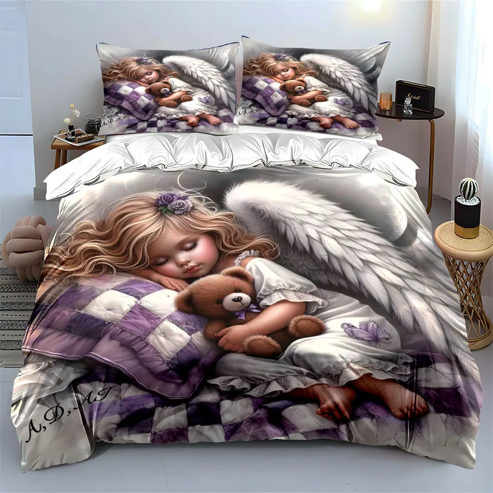 Dreamy Angel Kids Quilt Print Bedding Set 1 Duvet Cover 2 Pillowcases for Adult and Children Luxury Gift Full Size