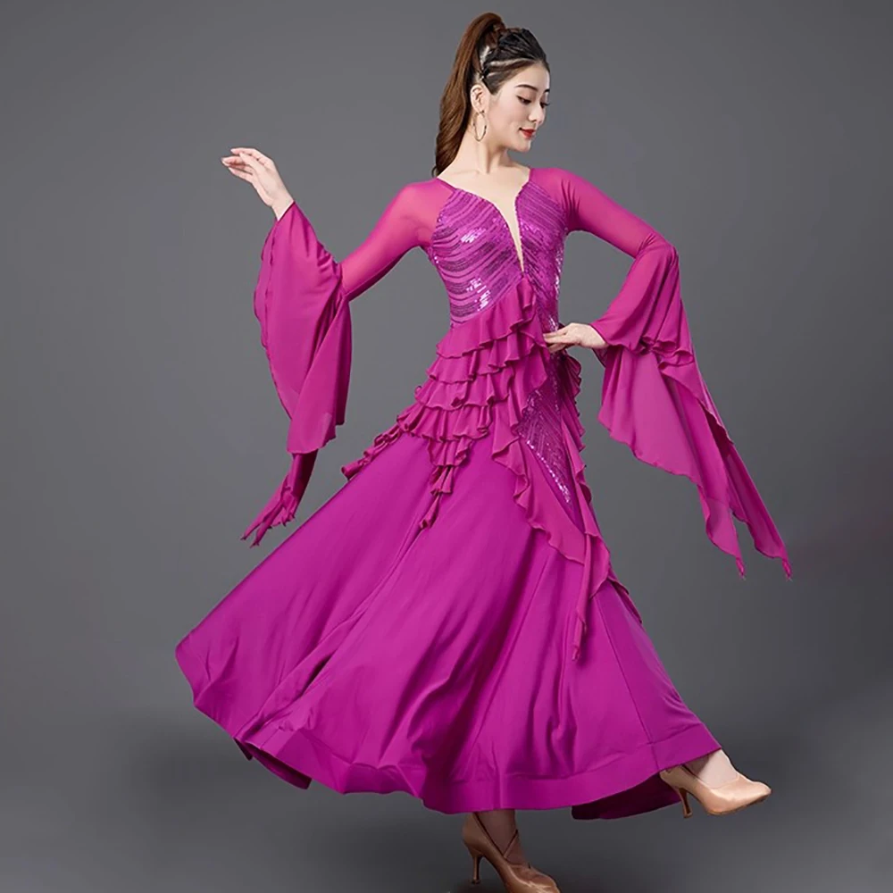 Женское платье для бальных танцев с блестками, платья для соревнований по вальсу, с длинным рукавом, большие качели, стандартные современные танцевальные костюмы