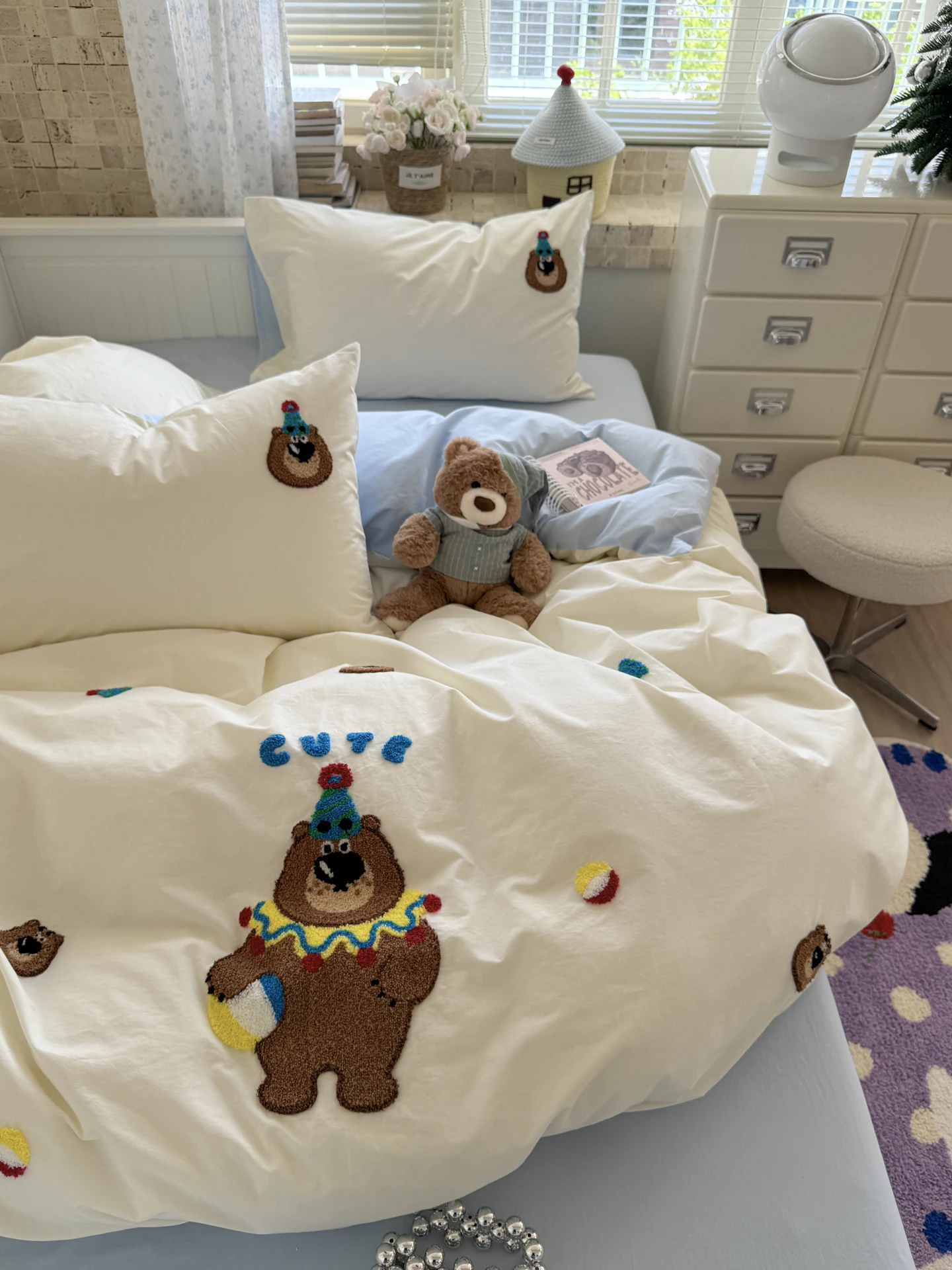 

Корейский мультяшный хлопковый комплект постельного белья с вышивкой, пододеяльник из стираного хлопка, балдахин, детский комплект из трех предметов