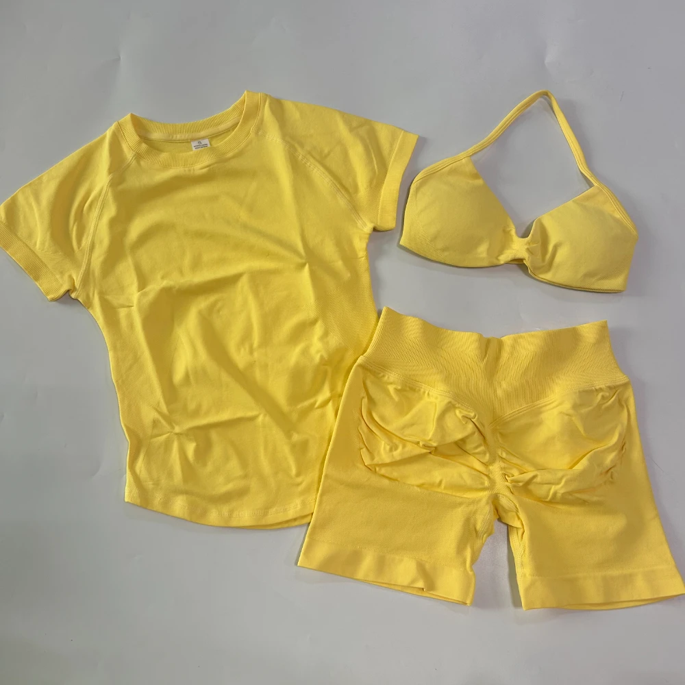 3-teiliges Workout-Set für Damen: Sport-BH mit Trägern + Sport-Top mit langen Ärmeln + Yoga-Shorts, Sportanzug, Yoga-Kleidung, Fitness-Outfit – Detail 14