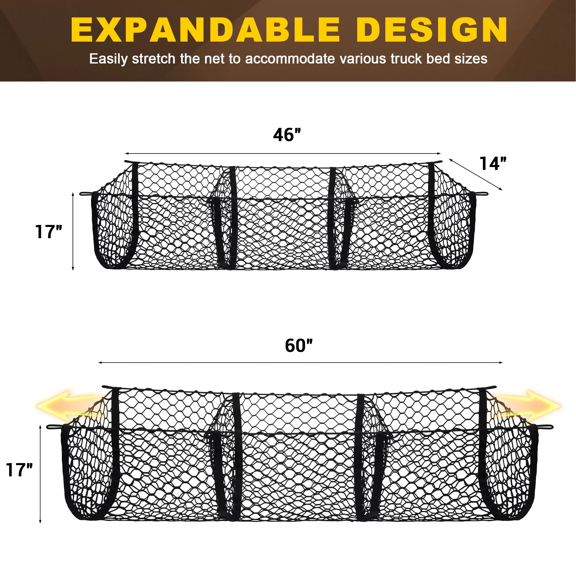 

MICTUNING 3 Pocket Mesh Cargo Net,Elastic Stretchable Cargo Organizer Storage Net,Pickup Carabiners Storage Bag For Car SUV