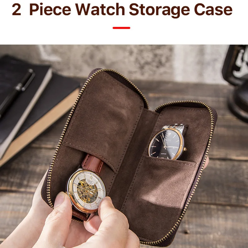 الصلبة البني خمر جلد البقر ووتش حالة 2-فتحة ووتش التخزين المنظم مع إغلاق سستة حامل الساعات المحمولة الحقيبة #2
