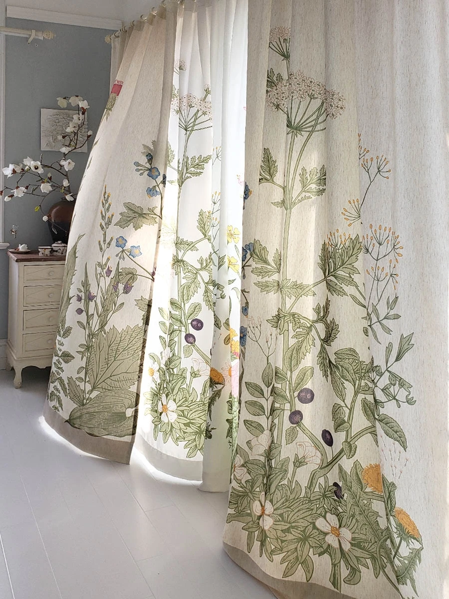 Nordic Plant Cotton Curtains for Living Room Bedroom, Hand-painted Linen Cortinas, Nordic Eco-friendly Printed Window Drapes