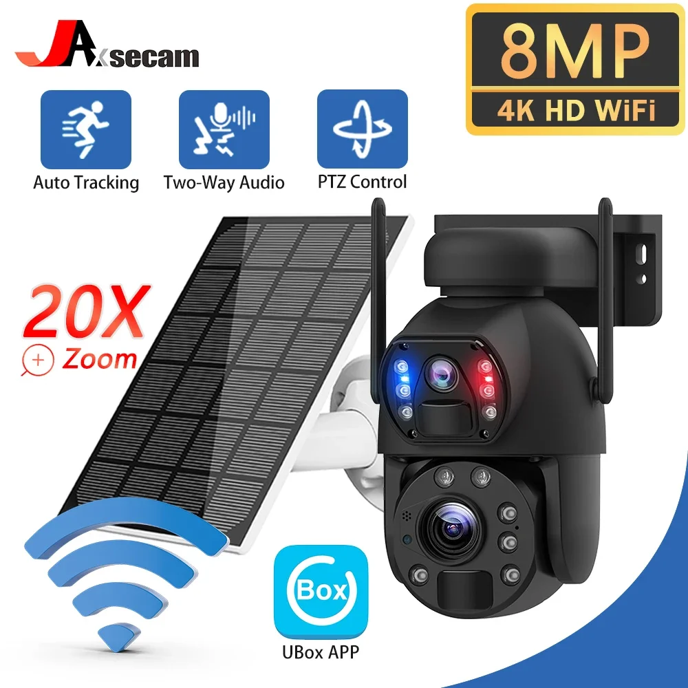 

4K 8MP 20X PTZ ZOOM 10W Solar Battery Panel Security Dual Lens Camera WIFI Solar Camera Two-Way Audio Record PIR Auto Tracking